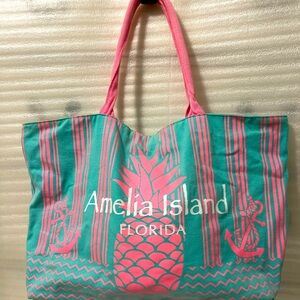 Amelia Island Pink and Teal Blue Tote Beach Bag Pineapple & Anchor Design